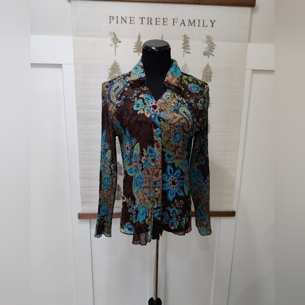 Dino Brown & Teal Floral Paisley Plissé Pleated Button Down Shirt - Size Large
